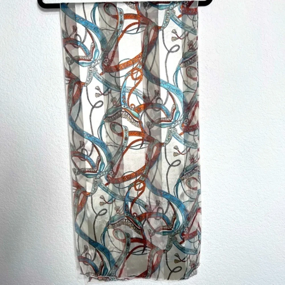 Satin & Sheer Ivory Rust & Blue Printed Scarf Ascot Hair Wrap